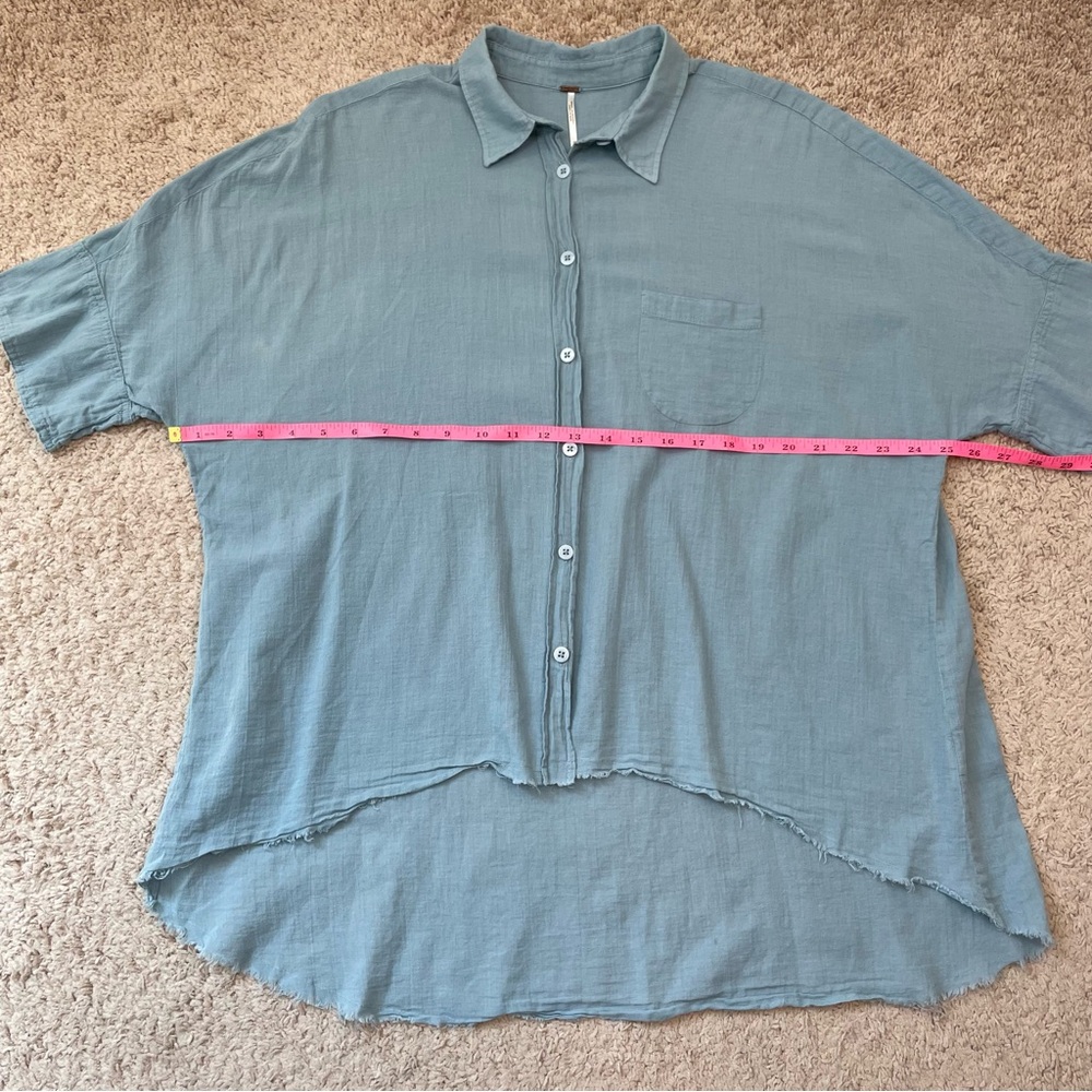 FREE PEOPLE Best of Me Blue Button Front Waterfall Top High-Low Raw Hem Blouse - Picture 10 of 16